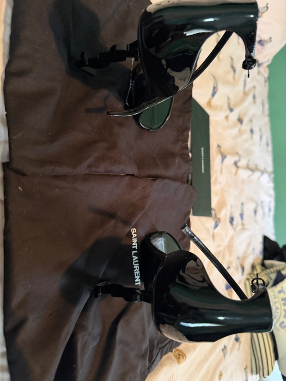Saint Laurent Black Patent Leather Square-Toe Ankle-Strap Heels - Picture 6 of 7